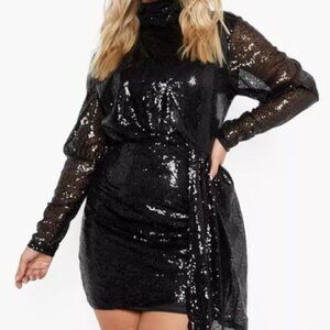 Sequin High Neck Black Drape Dress - Plus Size